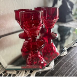 Set of 4 Viking Glass Georgian Ruby Footed Tumblers, Vintage Red Glass Goblets, Mid Century Barware, Elegant Gothic Glassware