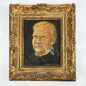 peinture vintage encadrée ornée d'un homme - signée par l'artiste Peinture à l'huile portrait antique | Cadre doré | oeuvre d'art vintage