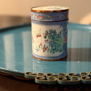 Vintage Chinese Hand Painted Enamel Cloisonne & Copper Lidded Trinket Pot,Vintage Hand-Painted Floral Tin / Decorative Canister