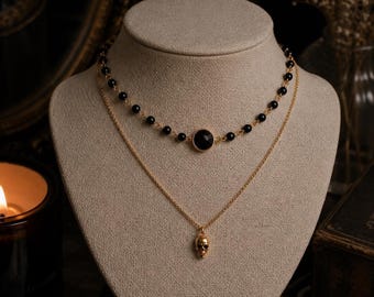 Black Onyx Skull Layered Necklace, Gold Filled Gothic Choker Set, Dainty Dark Jewelry, Minimalist Skull Necklace, Alexander McQueen inspired