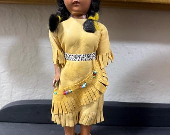 Vintage Native American-Inspired Doll  Collectible with Leather Fringe Outfit, Beads & Braids