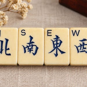 May include: Four rectangular off-white Mahjong tiles arranged in a horizontal row. Each tile features a black letter N, S, E, or W at the top and a corresponding blue Chinese character representing the cardinal directions North, South, East, and West.