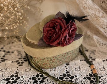 Vintage Velvet Hat Box With Faux Rose & Feather – Floral Decor Box