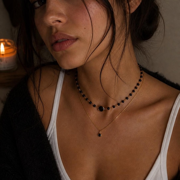 Layered Gold onyx Necklace, Double Layer Choker Necklace, Dainty Black Onyx Choker, Minimalist Romantic Jewelry, Gold Filled Necklace
