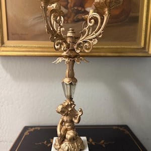 Hollywood Regency Gold Cherub Candelabra | 20” Gilded Rococo Revival Candlestick | Ornate resin Marble Base Candle Holder |gothic decor