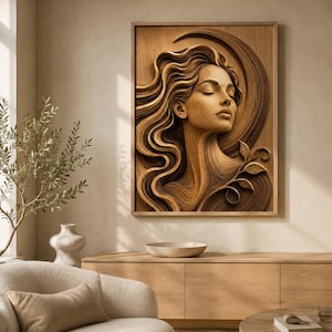 May include: A rectangular wooden wall art piece featuring a carved relief of a person with flowing hair and closed eyes. The design includes a crescent moon shape behind the head and stylized leaf accents, all rendered in varying shades of natural wood.