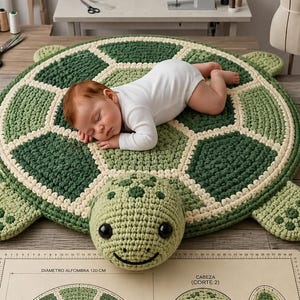 May include: A large, round, crocheted turtle-shaped rug featuring a green and cream hexagonal shell pattern and a stuffed turtle head. The rug is displayed alongside a printed pattern sheet labelled with a diameter of 120 cm and various parts.