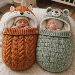 Puede incluir: Dos sacos de dormir tejidos para bebé con capucha. Uno es naranja con patrón de trenzas y capucha de zorro. El otro es verde salvia con patrón de tejido de cesta y capucha de oso. Ambos tienen botones de madera y forro de forro polar blanco.