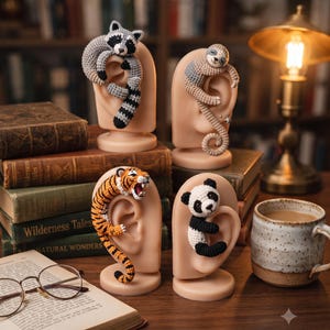 May include: Four crochet animal ear cuffs displayed on beige ear-shaped stands. The set includes a gray and black raccoon, a tan sloth, an orange and black striped tiger with an open mouth, and a black and white panda, all featuring detailed yarn textures.