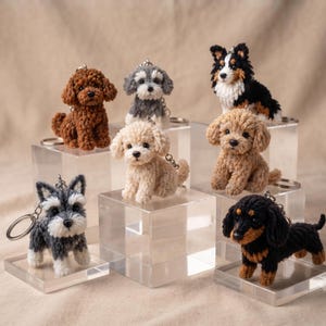 Puede incluir: Una colección de siete llaveros de perro tejidos a ganchillo en varias razas y colores, incluyendo marrón, crema, negro, blanco y gris. Cada pequeña figura de perro de peluche tiene una anilla metálica en la espalda, sobre bloques de acrílico.