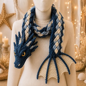 May include: A crochet dragon scarf featuring a dark blue head with yellow eyes, a braided body in shades of navy, light blue, and cream, and a cream-colored tail fin with dark blue structural accents, displayed on a neutral-colored mannequin.