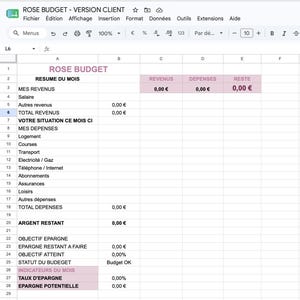 Peut inclure: Un modèle de feuille de calcul numérique intitulé ROSE BUDGET affiché sur un écran d'ordinateur. L'interface comprend des colonnes pour les revenus, les dépenses et le solde, avec des lignes pour diverses catégories financières comme le salaire.