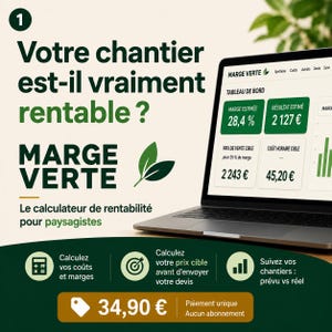 Può includere: Un calcolatore di redditività digitale per paesaggisti chiamato Marge Verte visualizzato su uno schermo di un portatile. L'interfaccia mostra una dashboard con margini, risultati e prezzi target stimati. La grafica include testo in francese e icone per costi e monitoraggio.