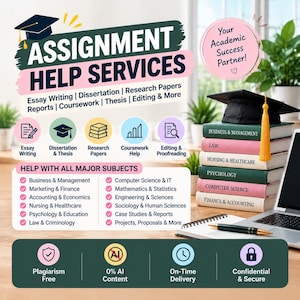 Könnte beinhalten: Eine Werbegrafik für Hausaufgabenhilfe mit einem Stapel Bücher, gekrönt von einer Doktorhut, einem Laptop und einem Stift. Der Text enthält "Assignment Help Services" sowie eine Auflistung verschiedener akademischer Fachbereiche.