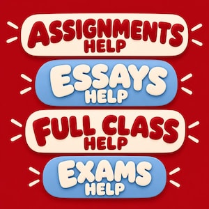 May include: Four horizontal rounded rectangular signs against a red background. The top and third signs are cream with red text reading ASSIGNMENTS HELP and FULL CLASS HELP. The second and fourth are blue with cream text reading ESSAYS HELP and EXAMS HELP.