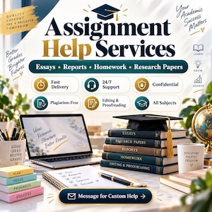 Può includere: Una grafica promozionale per servizi di assistenza allo studio con un computer portatile, una pila di libri sormontata da un tocco di laurea, un taccuino con una lista di controllo e tazze. Il testo include Assignment Help Services, Essays, Reports, Homework, Research Papers e Message for Custom Help.