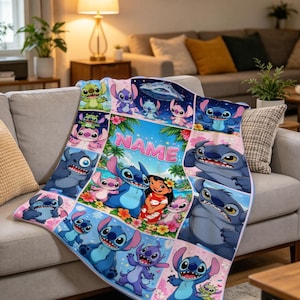 May include: A soft throw blanket featuring a collage of Stitch and Lilo characters from Lilo and Stitch. The design includes multiple panels with various poses of the blue alien and pink alien, a central scene with Lilo, and the word NAME in pink letters.