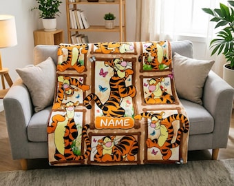 Coperta personalizzata con nome Tigger, morbida, con collage di cornici multiple, regalo ideale per bambini pieni di energia.