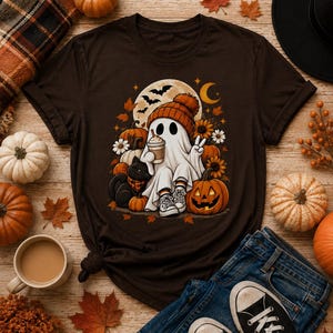 Cute Ghost Halloween Shirt, Black Cat Halloween Tee, Pumpkin Fall Shirt, Cozy Autumn Graphic Tee, Halloween Gift