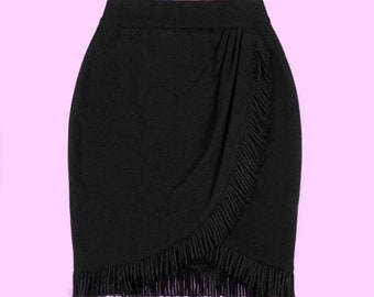 1990s ANDREA JOVINE Black Fringe Wool Mini Skirt