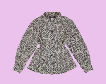 1990s Beige Leopard Print Blouse