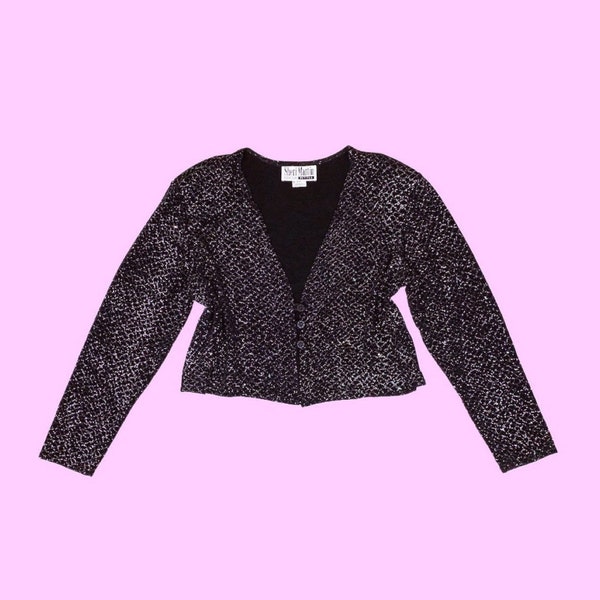 1990s SHERI MARTIN Slinky Black Glitter Long Sleeve Crop Top