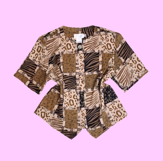 1990s KATHY CHE Animal Print Button Up Tee Blouse - image 1