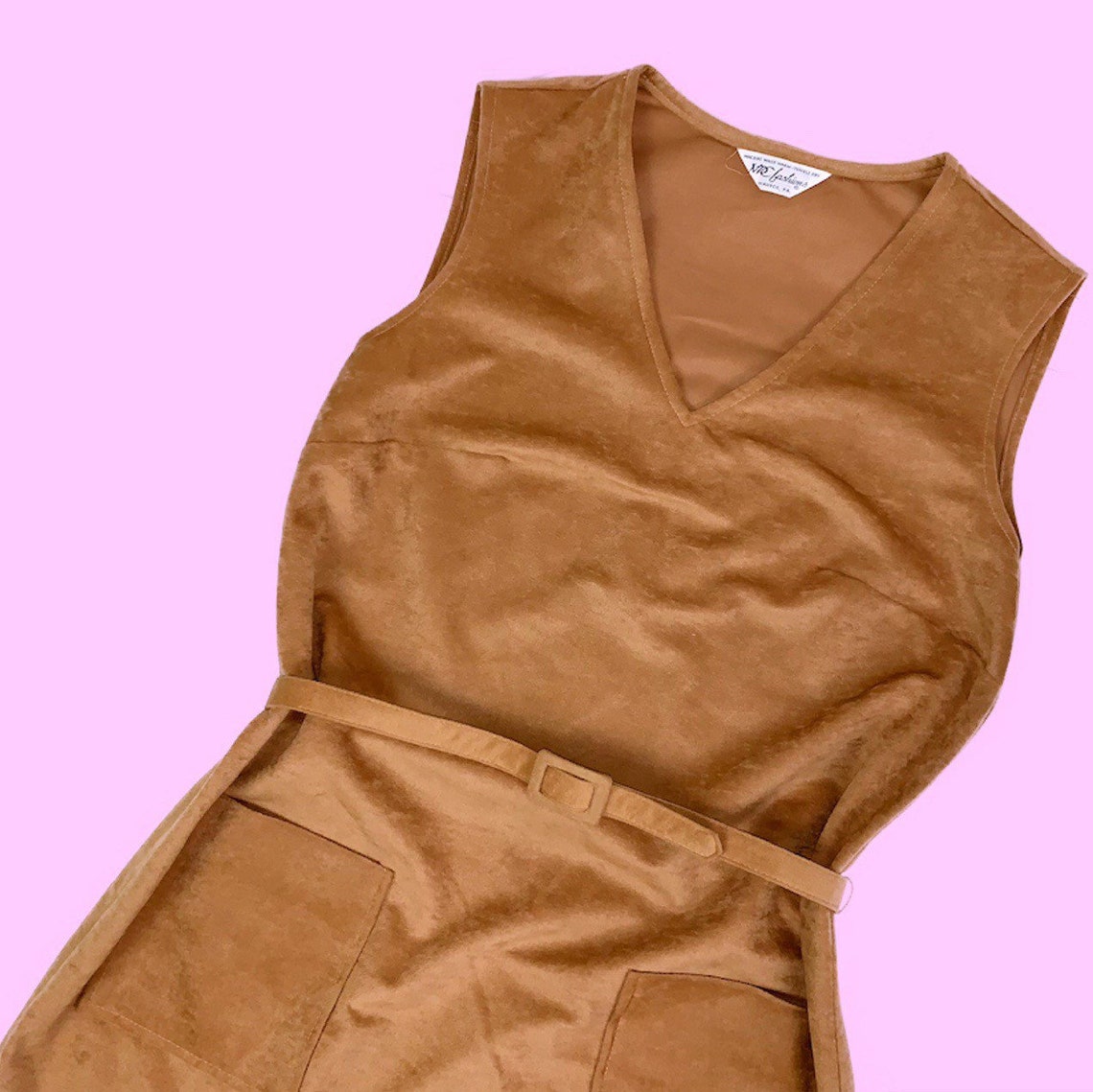1970s NPC FASHIONS Camel Microsuede Belted Dress Etsy