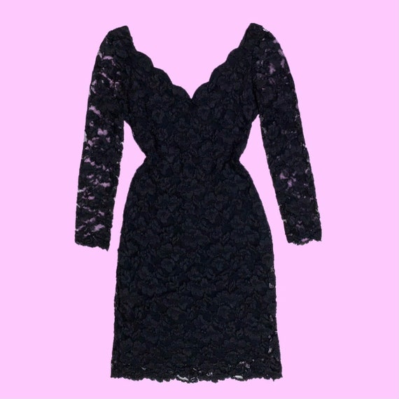 1990s MOLLY MALLOY Black Lace Long Sleeve Dress