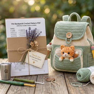 Op de afbeelding: Een haakpatroondocument getiteld Pet Backpack Crochet Pattern PDF, een saliegroene en crèmekleurige gehaakte rugzak met een kleine oranje katfiguur in het voorvak, twee bollen garen, twee haaknaalden en een kleine metalen beker met pootafdruk.