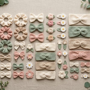 May include: A collection of crocheted hair accessories in cream, sage green, and dusty rose. The set includes scrunchies, bow hair clips, flower-shaped clips, and knotted headbands, all arranged in a grid pattern on a neutral fabric surface.