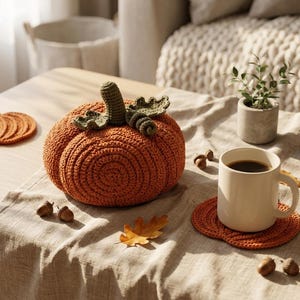 Può includere: Una zucca rotonda all'uncinetto di colore arancione con un gambo verde e foglie arricciate, accompagnata da due sottobicchieri piatti all'uncinetto a forma di zucca arancione, uno dei quali sostiene una tazza in ceramica bianca con caffè e ghiande.