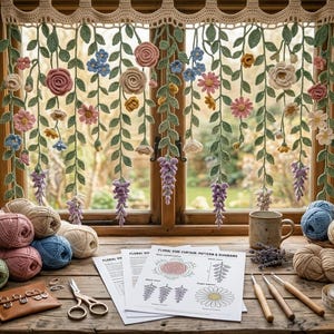 May include: A crochet window valance featuring hanging green vines with multi-coloured flowers in pink, blue, yellow, and purple. The set includes yarn balls, crochet hooks, scissors, a measuring tape, and printed pattern sheets on a wooden surface.