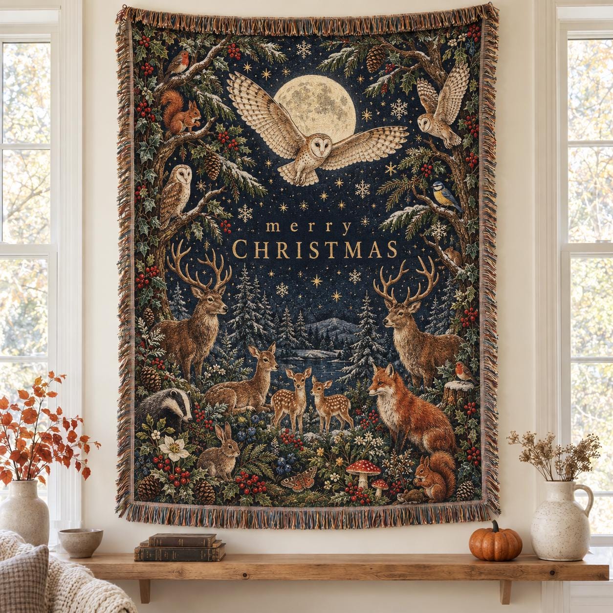 Winter Forest Animals Owl Deer Holiday Blanket, Throw Vintage Woodland Christmas Tapestry