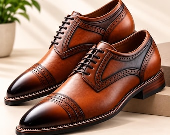 Sapatos Oxford Brogue Masculinos em Couro Marrom, Clássicos e Elegantes com Bico Wingtip, Ideais para Casamentos e Negócios.
