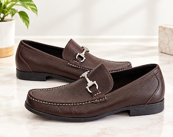 Handmade Dark Brown Leather Loafers, Horsebit Dress Shoes, Formal Business Footwear