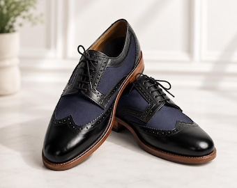 Zapatos Oxford negros y azul marino para hombre, zapatos de vestir tipo brogue con puntera de ala, calzado formal hecho a mano para bodas y negocios.