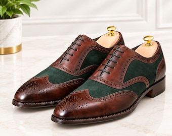 Handmade Brown Green Leather Brogue Shoes, Wingtip Oxford Dress Footwear