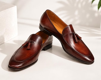 Men’s Brown Leather Tassel Loafers, Elegant Slip On Dress Shoes, Classic Formal Business Footwear