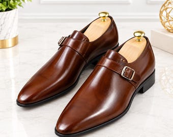 Braune Herren-Monk-Strap-Schuhe aus Leder, klassische Schnallenschuhe, elegante formelle Schuhe