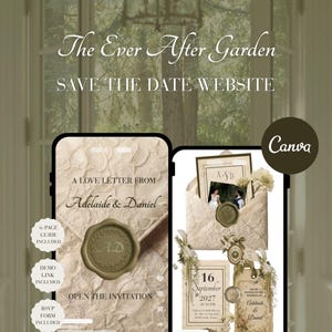 Peut inclure: Un modèle de site web pour save the date intitulé The Ever After Garden présentant deux écrans de smartphone avec des designs d'invitation de mariage, des textures de dentelle, des sceaux de cire vert olive et des motifs floraux.
