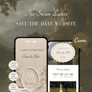 Peut inclure: Un modèle de site web numérique save the date intitulé The Swan Lakee présentant deux écrans de smartphone affichant les détails d'invitation de mariage pour Clara et Elliot, avec un compte à rebours, un sceau de cire et de la dentelle.