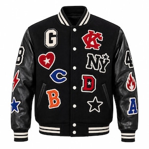 May include: A black varsity jacket with black leather sleeves and a ribbed collar, cuffs, and hem featuring white stripes. The front and sleeves are decorated with various colorful embroidered patches, including letters, a heart, a star, and a flame.