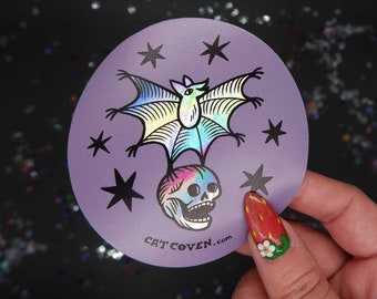 Bat & Skull Holographic Sticker - Creepy Halloween Decor