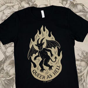 Queer as Hell - Screen Print T-shirt - Gold Fire Demon Devil Gay LGBTQ