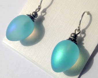 Frosted Aquamarine Earrings, Light Blue Iridescent Frosted Glass, German Glass Drops, Sterling Silver Ear Wires, Dainty Drops, &quot;Berries 51&quot;