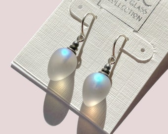 Frosted Light Gray Earrings, Pastel Gray Frosted German Glass with Iridescent Sheen and Sterling Silver Ear Wires, Mini Berries 10