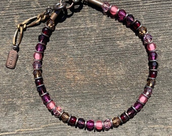 Crystal Stackable Bracelet, Shades of Rose, Pink, Amethyst and Smoke Topaz, Austrian Crystal, Czech Glass, Antiqued Bronze, &quot;Bang Bang Bang&quot;