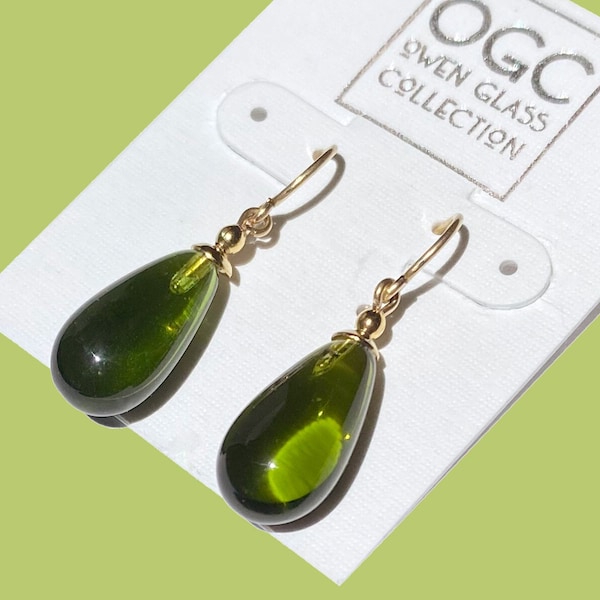 Olivine Green Glass Earrings, Mossy Green German Glass Drop Earrings with 14 Karat Gold-Filled Ear Wires, Handmade Earrings, "Brights 16"