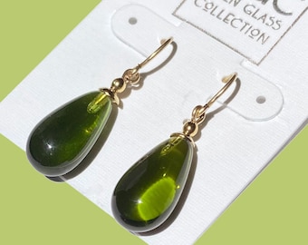 Olivine Green Glass Earrings, Mossy Green German Glass Drop Earrings with 14 Karat Gold-Filled Ear Wires, Handmade Earrings, "Brights 16"